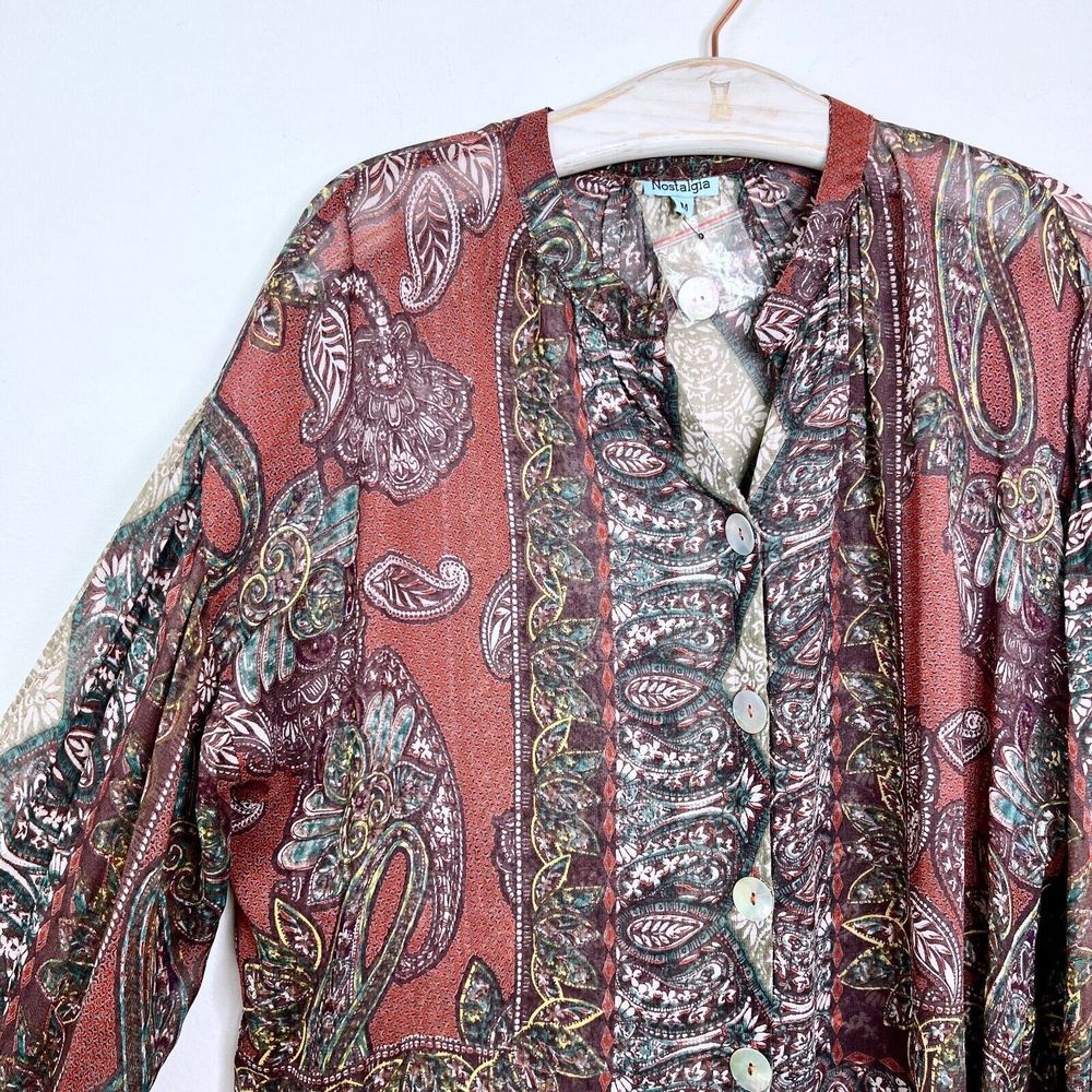 Nostalgia Womens Long Sleeve Sheer Top Medium Fall Burgundy Bohemian Boho Blouse - Picture 2 of 6